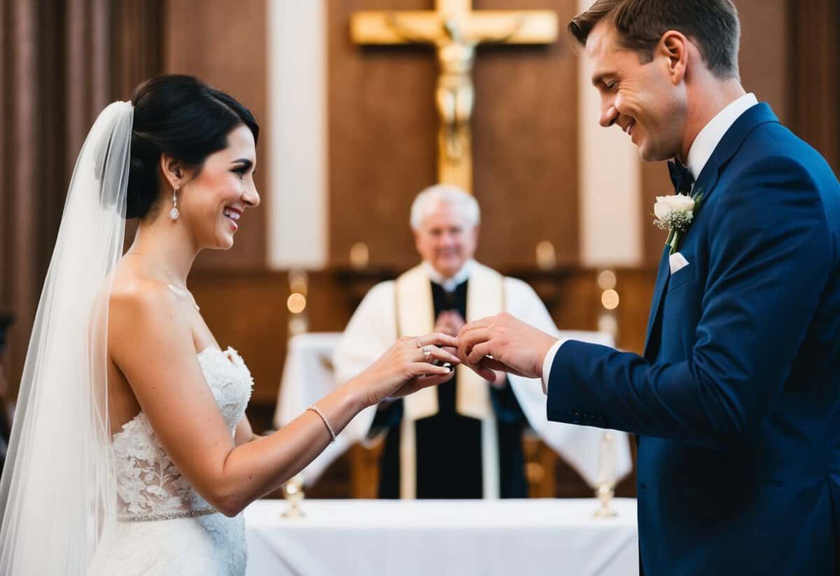 A couple standing before an altar, exchanging rings