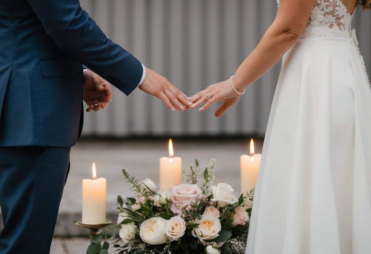 A couple stands facing each other, exchanging rings while reciting their vows, surrounded by flowers and candles