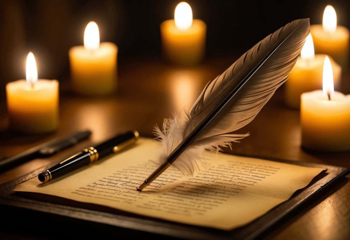 A quill pen and parchment resting on a wooden desk, surrounded by flickering candlelight