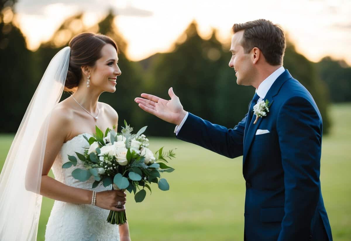 A figure in formal attire gestures toward the bride and groom, prompting them to kiss