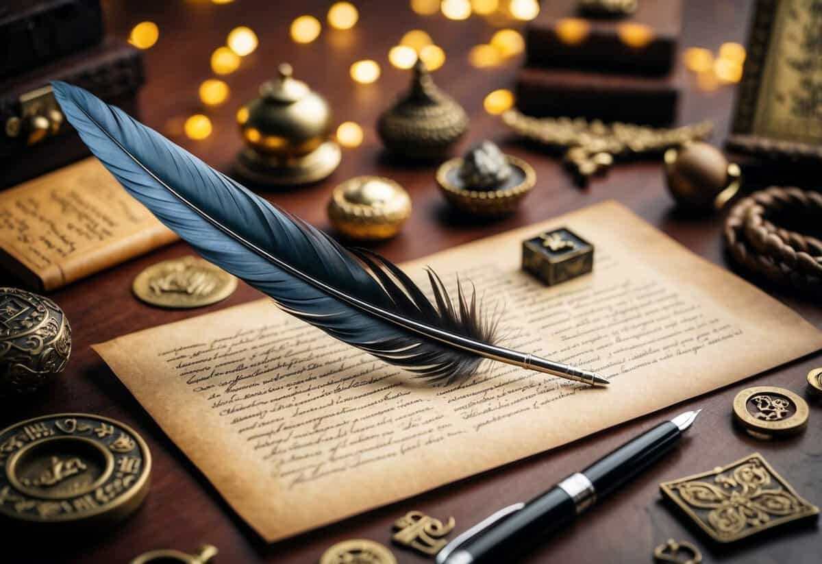 A quill pen and parchment surrounded by ancient artifacts and symbols of love and commitment