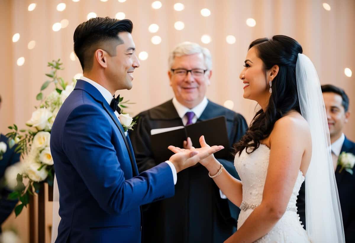 An officiant standing before a bride and groom, gesturing for them to kiss