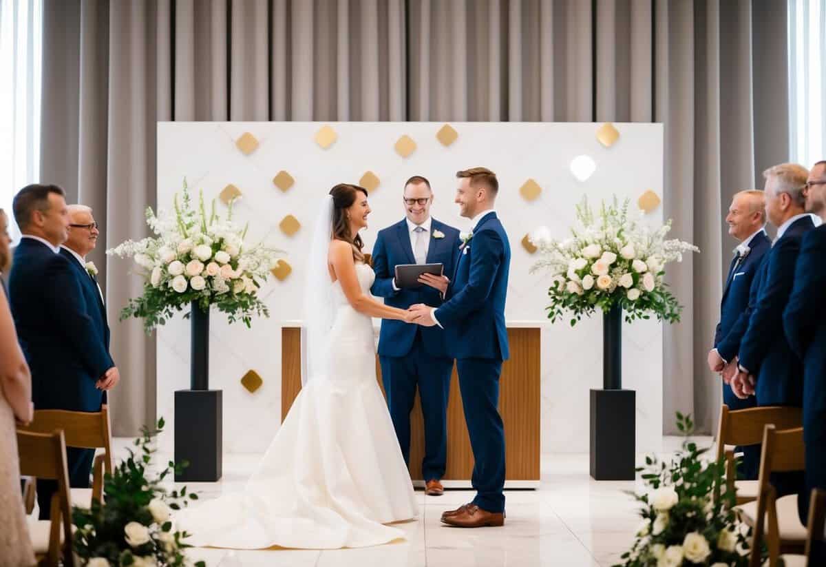 A couple standing at an altar, exchanging vows in front of a modern backdrop with personalized touches