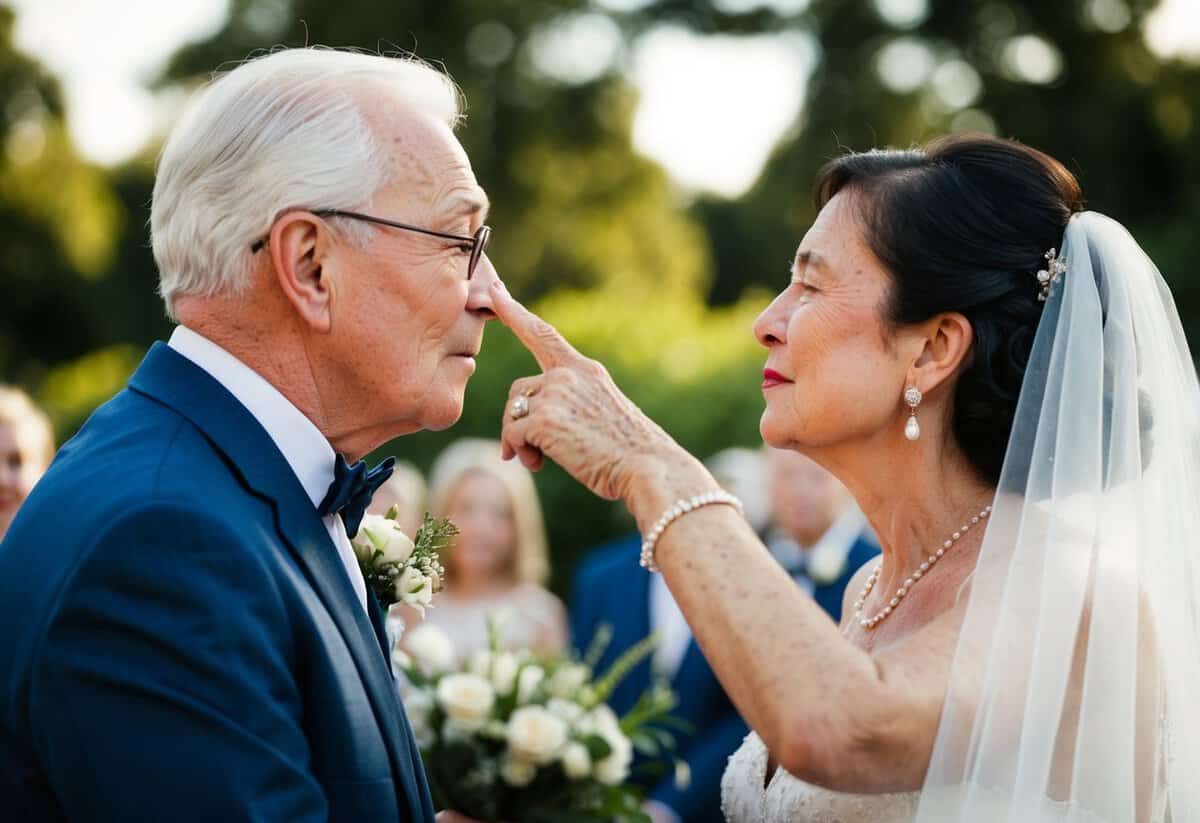 An elder gestures for the bride and groom to kiss