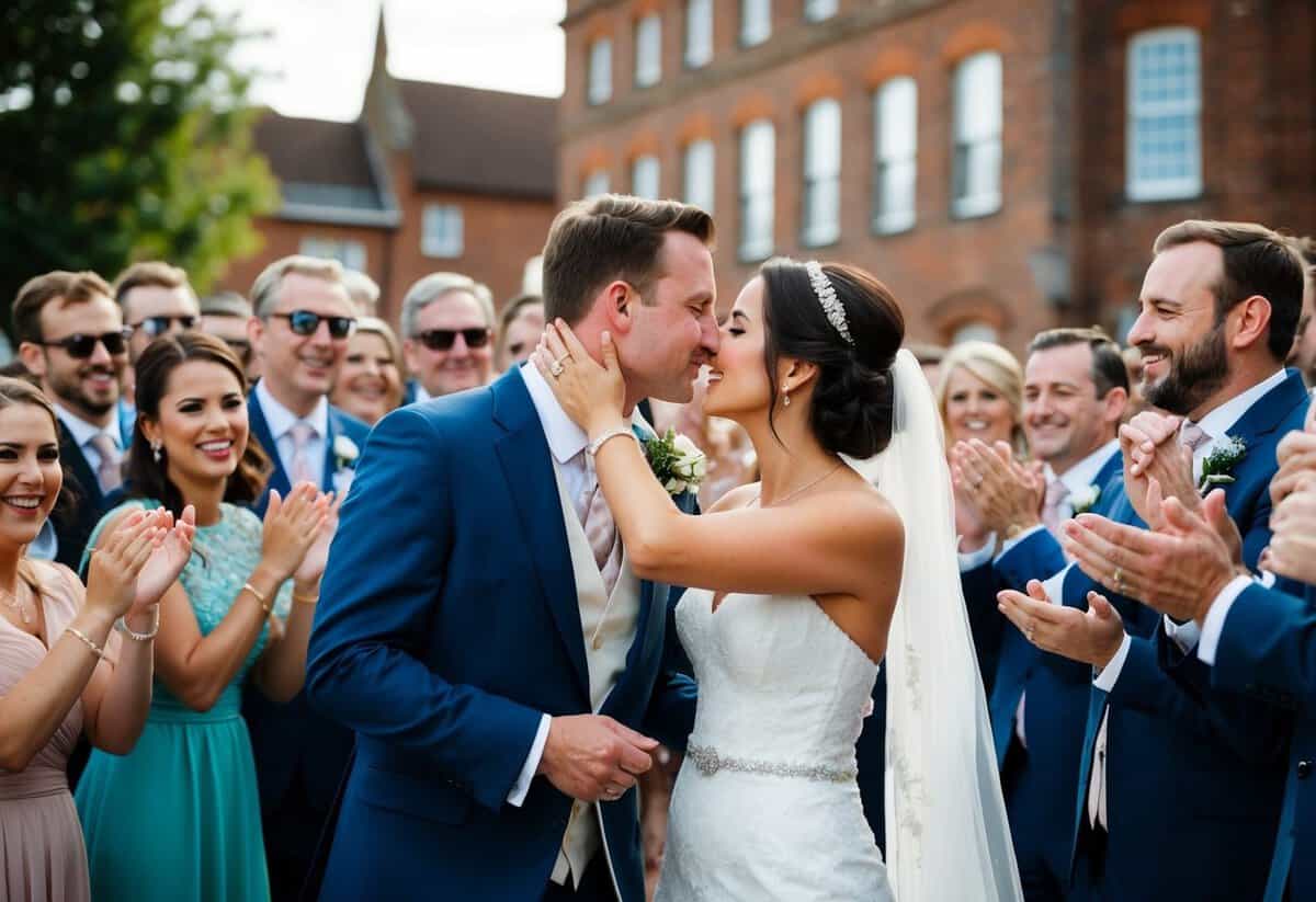 A crowd surrounds the bride and groom, cheering and clapping as they gesture for the newlyweds to share a kiss