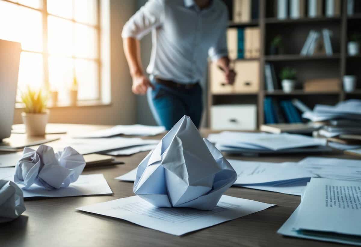 A crumpled piece of paper surrounded by discarded drafts, with a frustrated person pacing back and forth in front of a cluttered desk