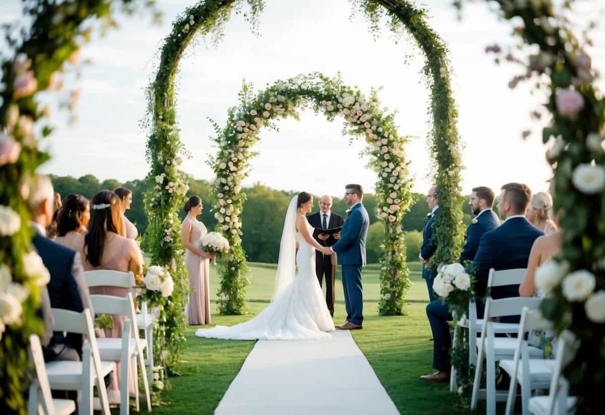 A serene outdoor wedding ceremony with a decorative archway and blooming flowers, symbolizing the essence of wedding vows