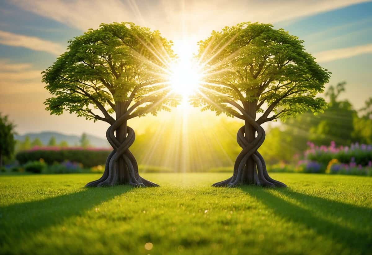 A radiant sun shining down on a peaceful garden with two intertwining trees symbolizing unity and harmony