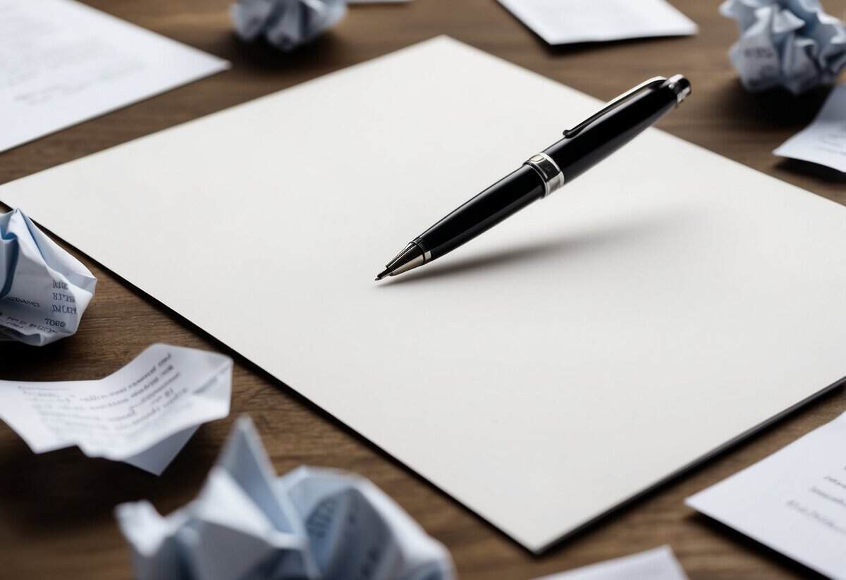 A pen poised over a blank sheet of paper, surrounded by crumpled drafts and scattered inspiration