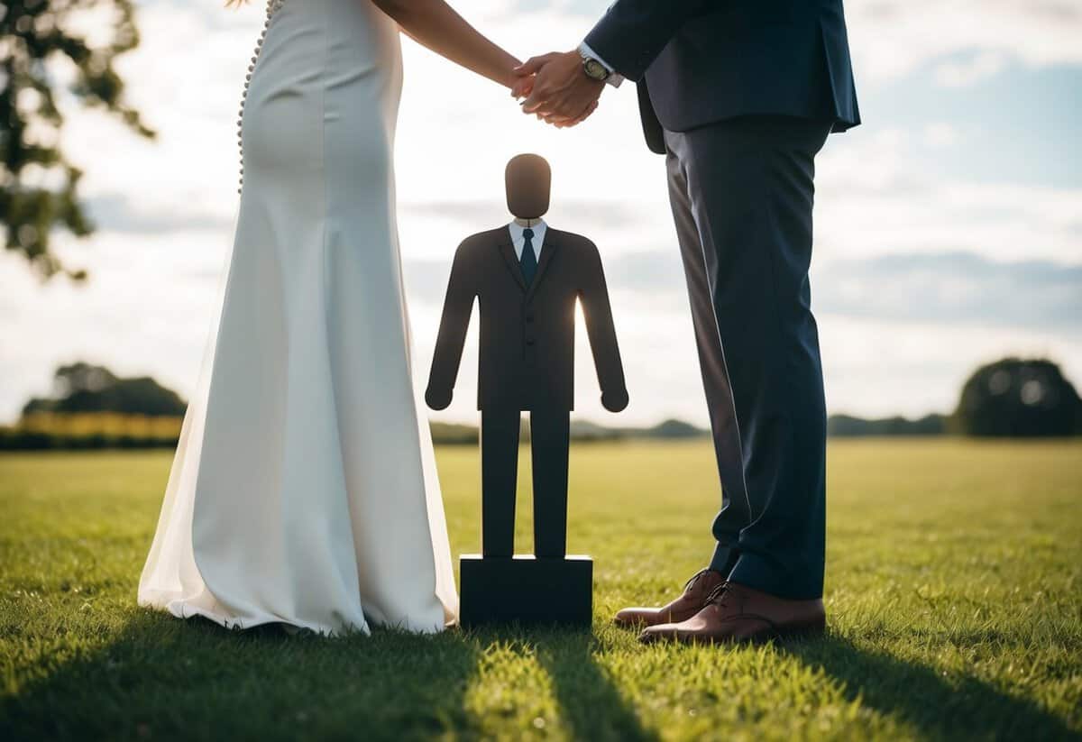 A figure stands between the bride and groom, symbolizing unity and support