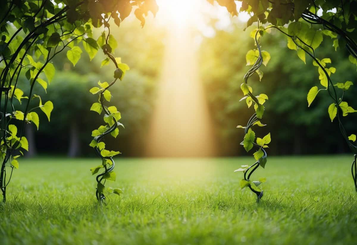 A serene garden with two intertwining vines symbolizing unity, while a shining light from above represents God's guidance in a Christian marriage