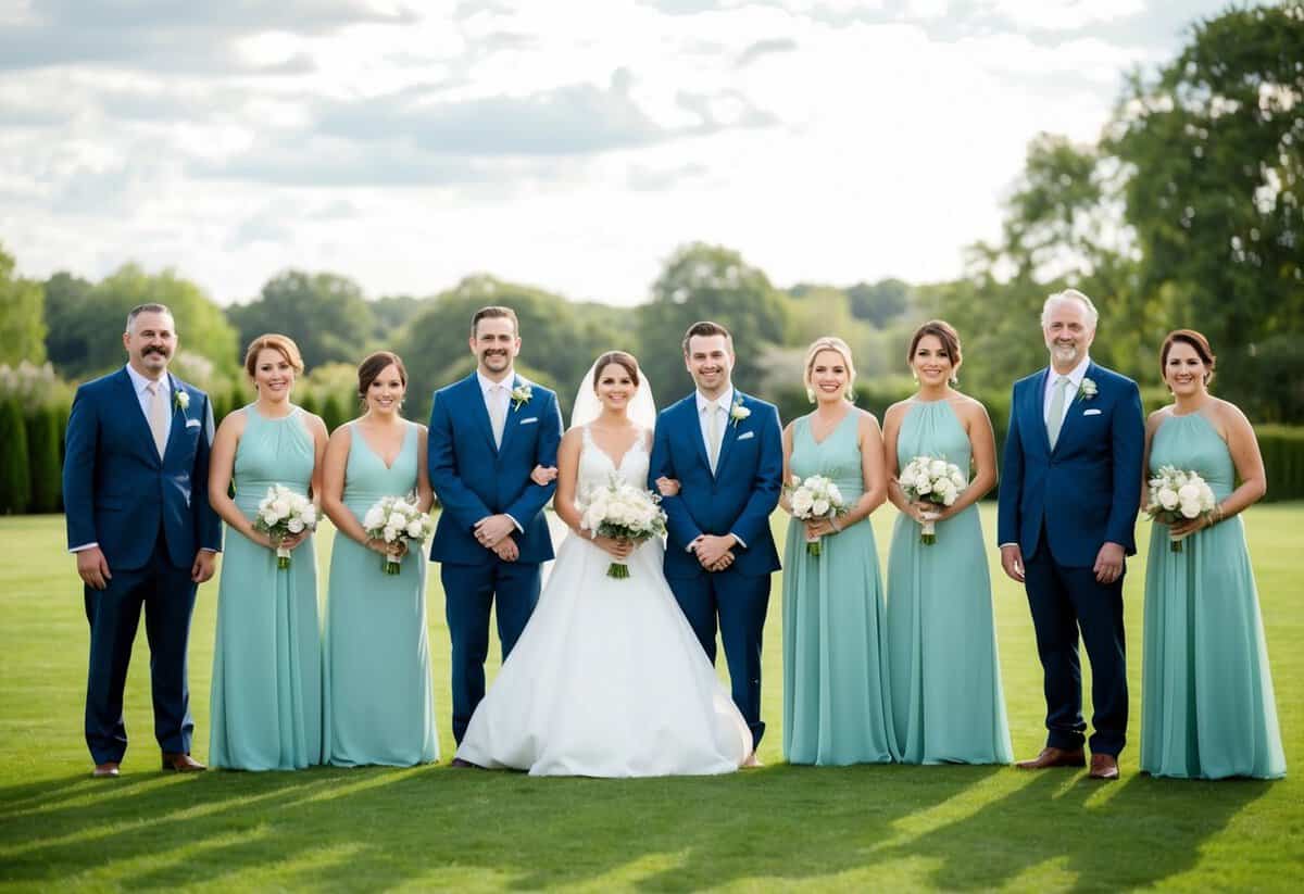 A bride and groom stand at the center, flanked by their respective families and wedding party members, each in their designated positions