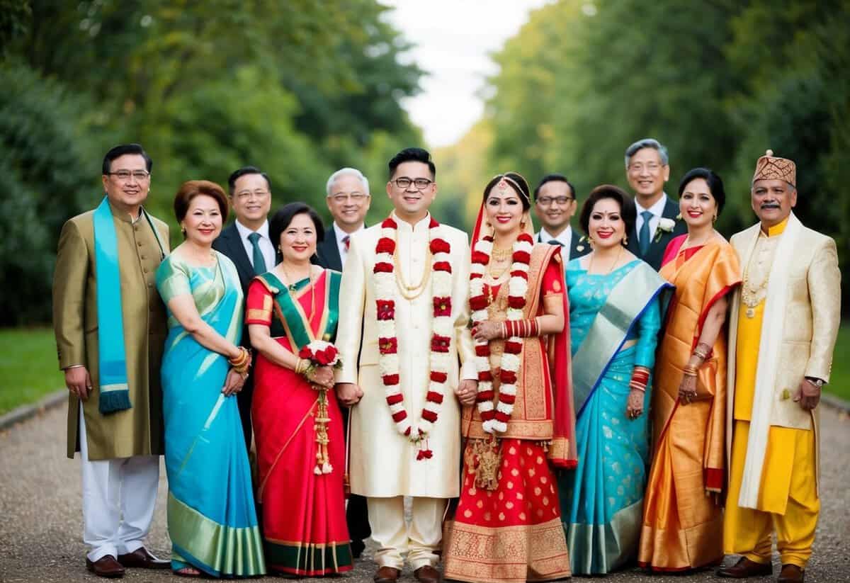 A couple stands at the center, surrounded by family members and friends from different cultural backgrounds, each in traditional wedding attire