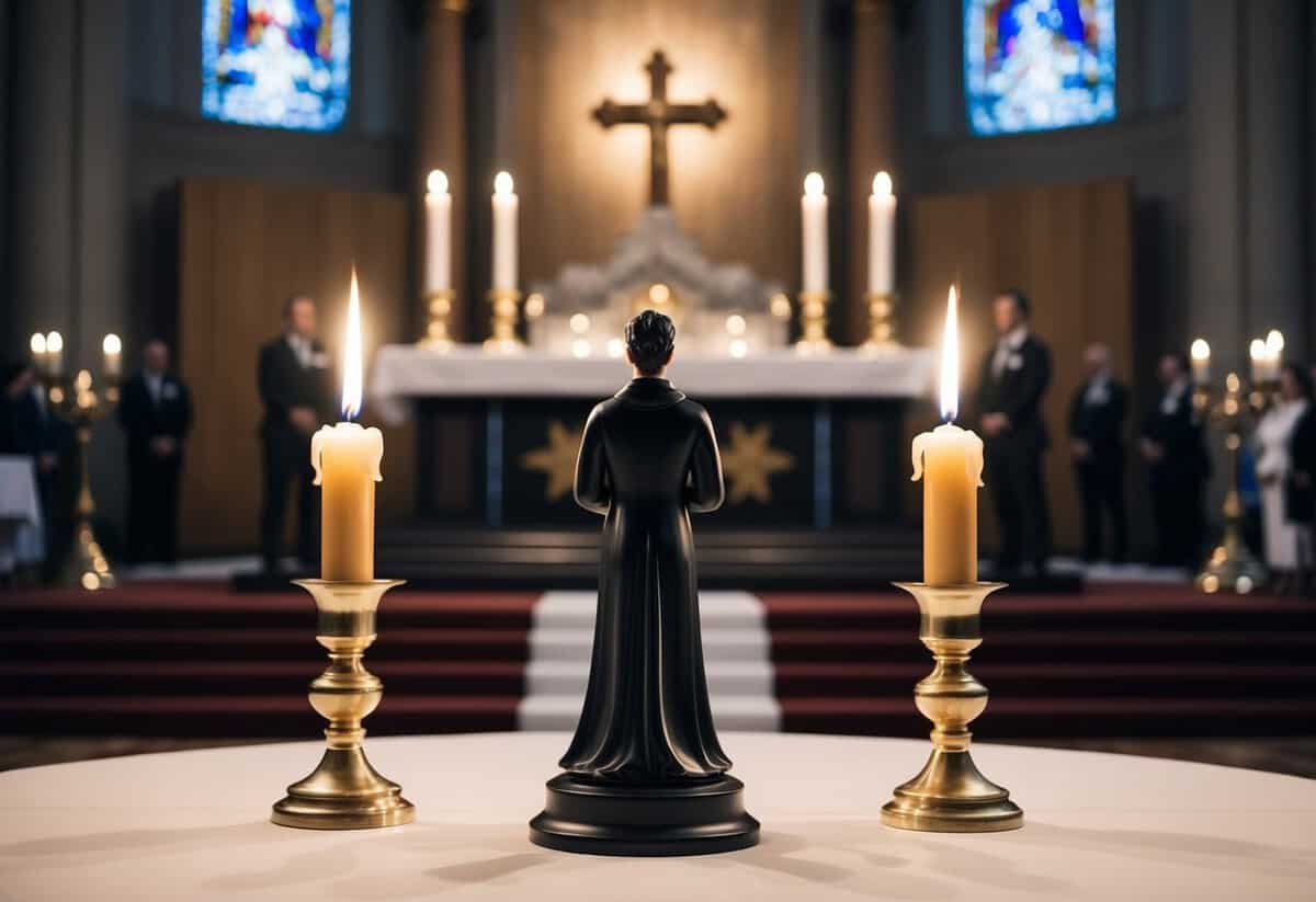 A figure standing before a grand altar, with two lit candles and a symbolic object representing the vow