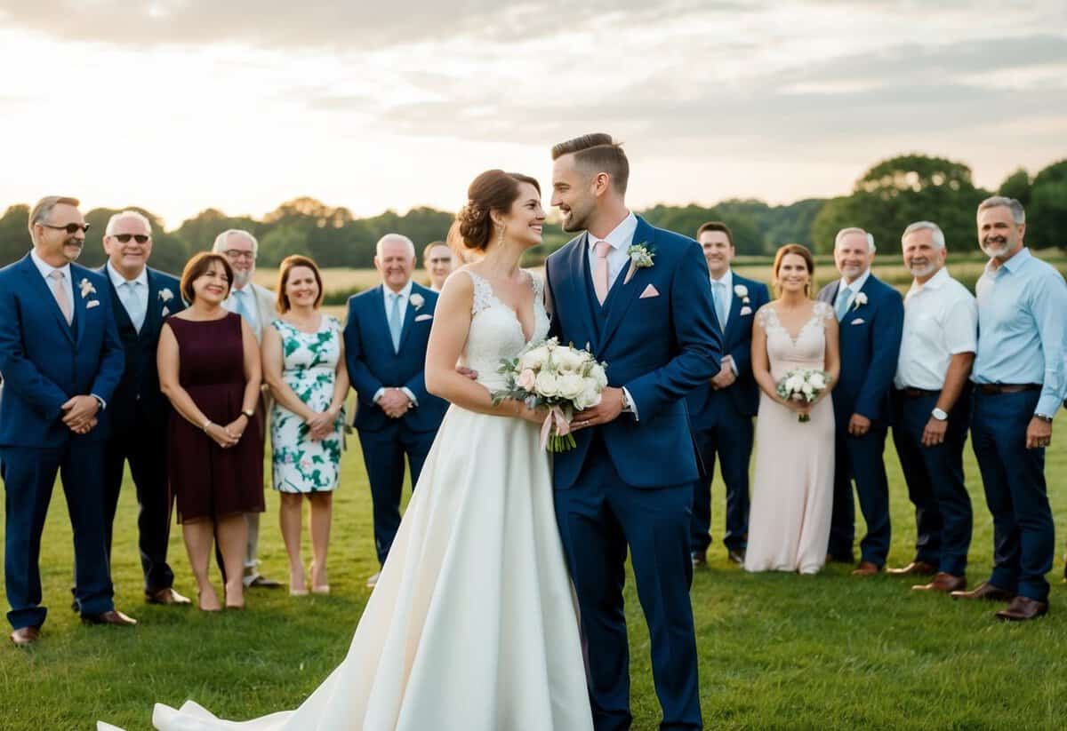 A wedding couple stands surrounded by friends and family