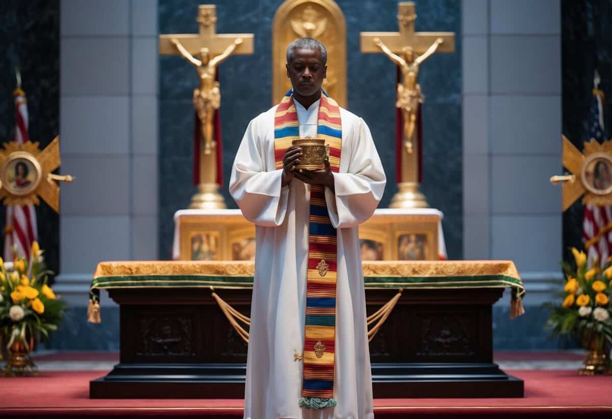 A figure standing before an altar, with a solemn expression, holding an object of significance, surrounded by symbols of commitment and dedication