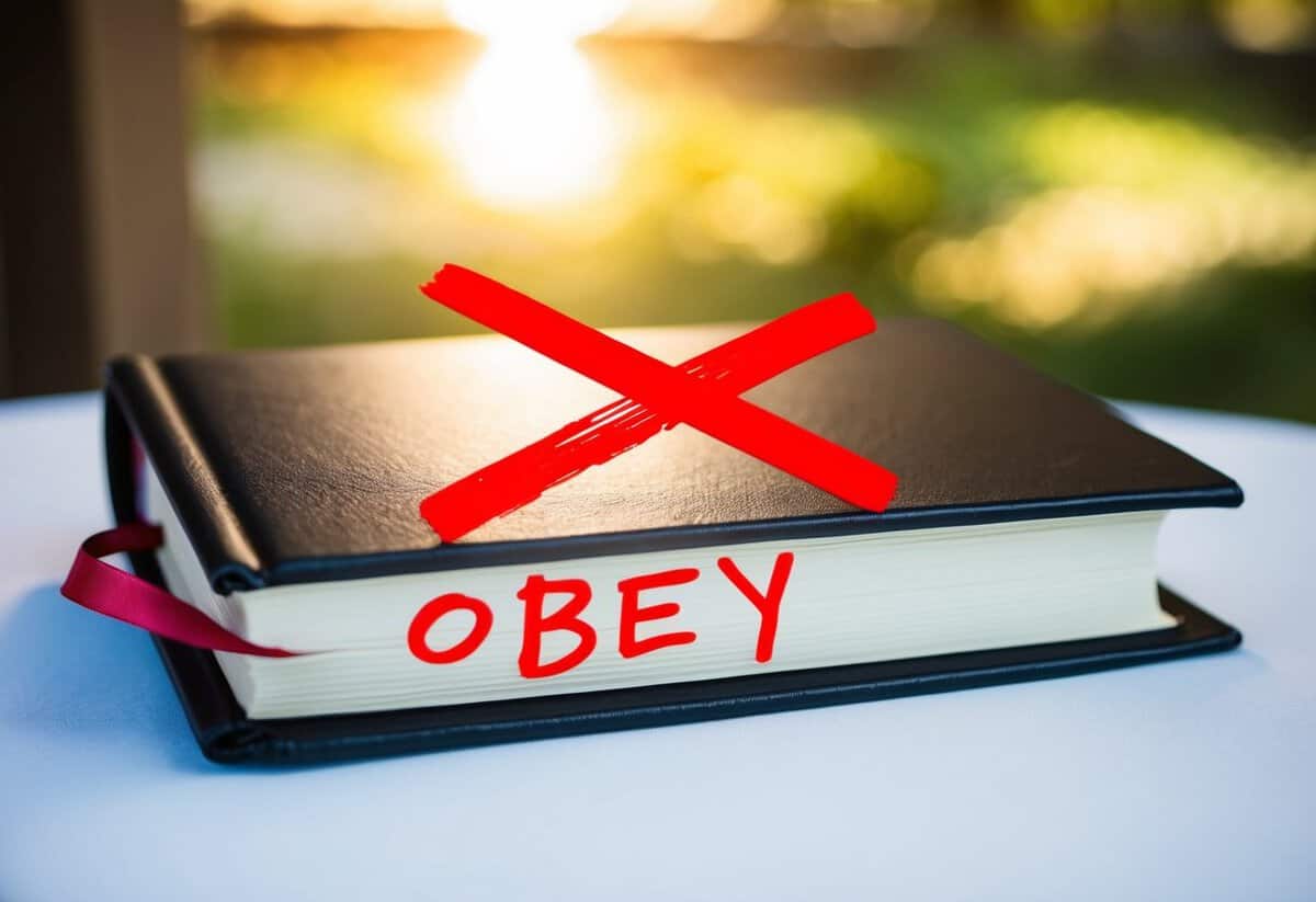 The wedding vow book with the word "obey" crossed out in bold red ink