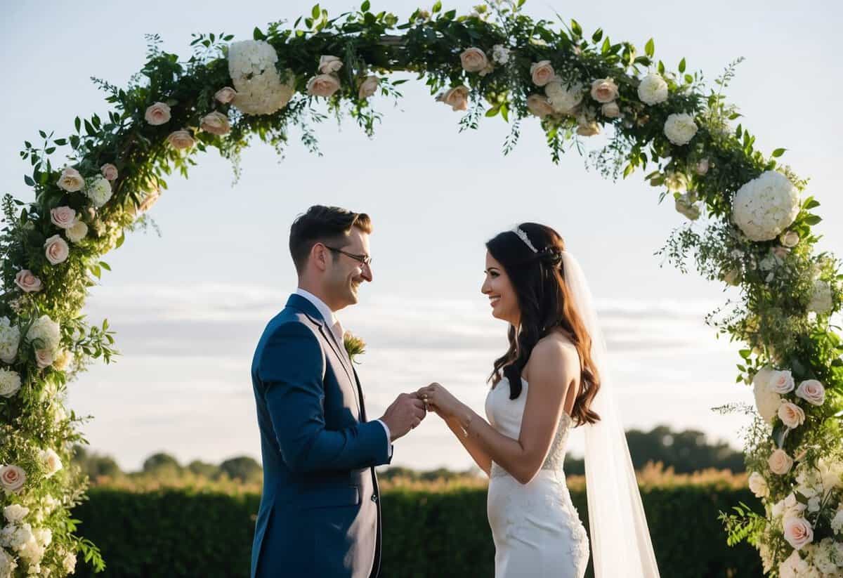 A couple standing together under a wedding arch, surrounded by flowers and greenery, exchanging rings