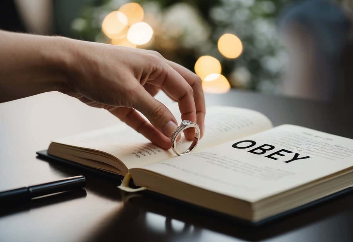 A wedding ring being placed on a table, with the word "obey" crossed out in a wedding vow book