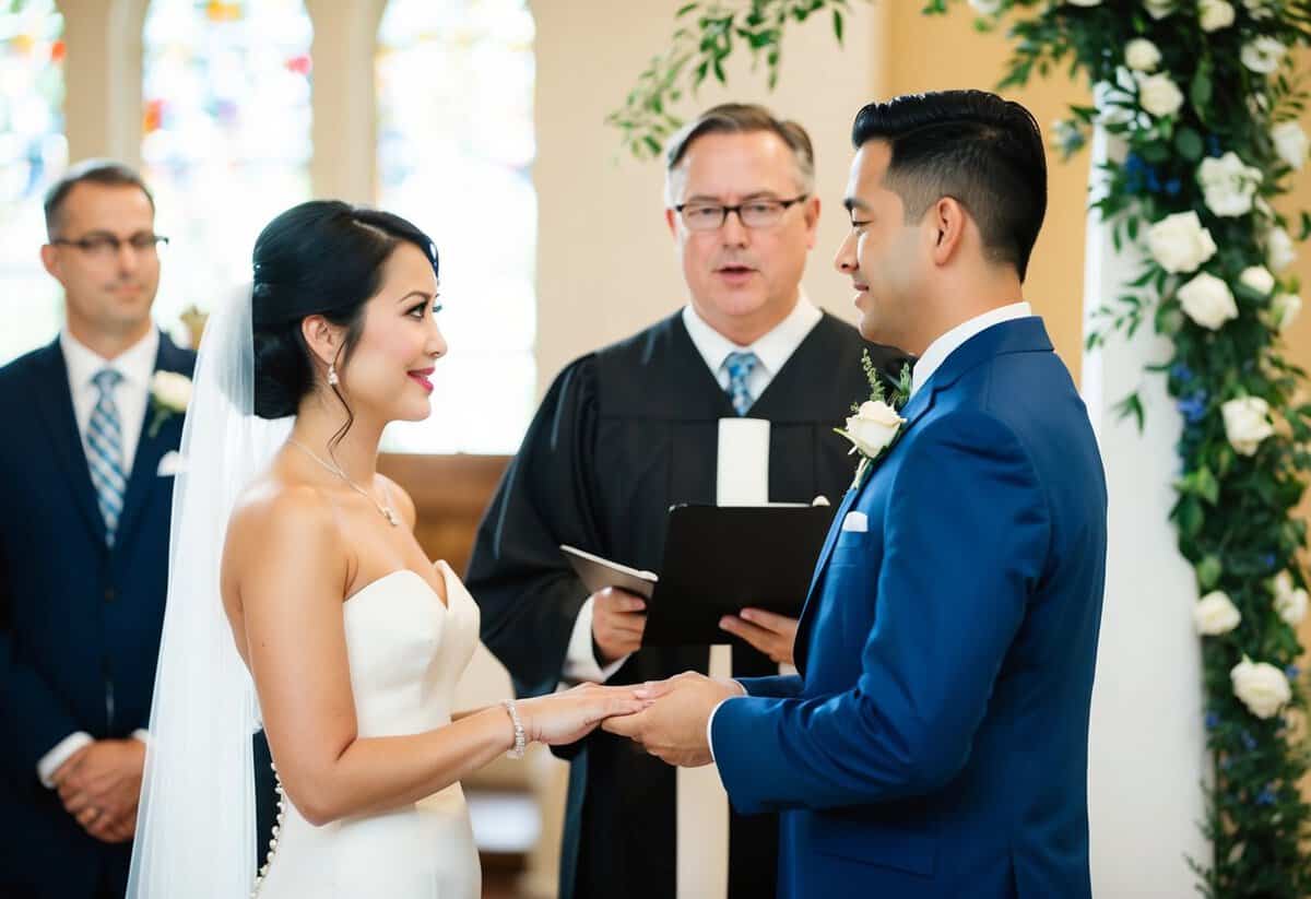 A couple stands at the altar, exchanging vows with revised language. The officiant speaks confidently, omitting the word "obey" from the traditional wedding vows