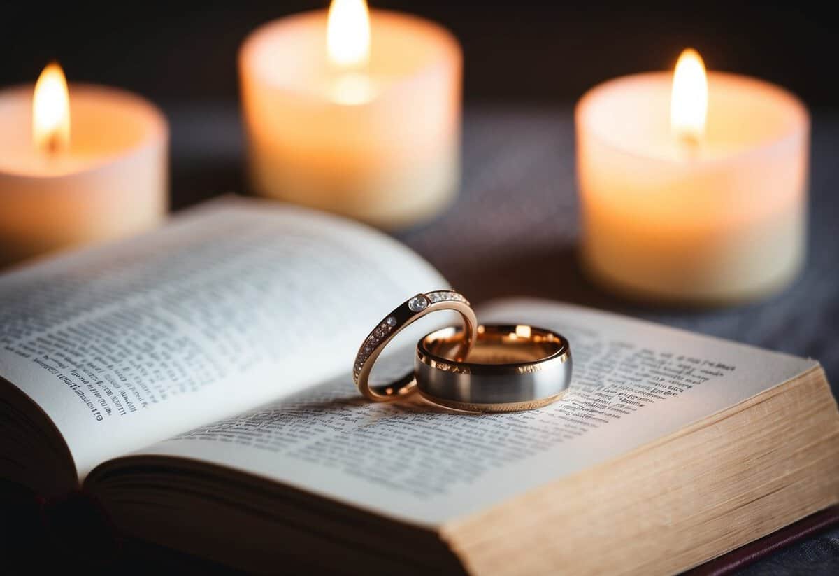 A pair of wedding rings resting on an open book, surrounded by soft candlelight