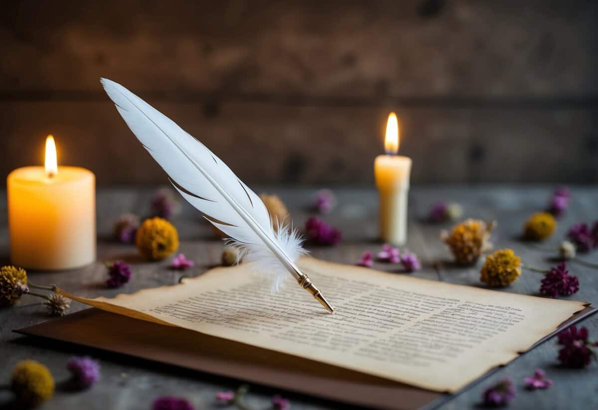 A quill pen poised over parchment, surrounded by scattered dried flowers and a flickering candle