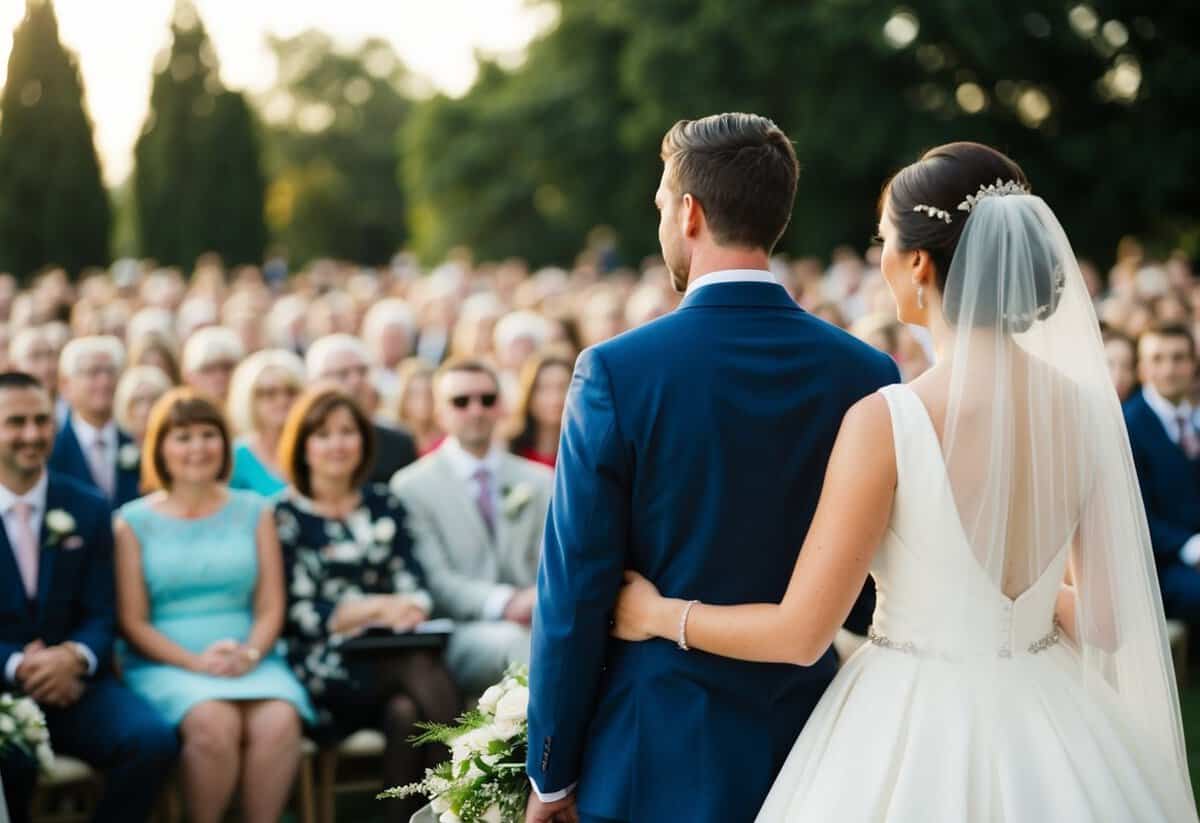 A bride stands on the left side of a groom, facing the audience
