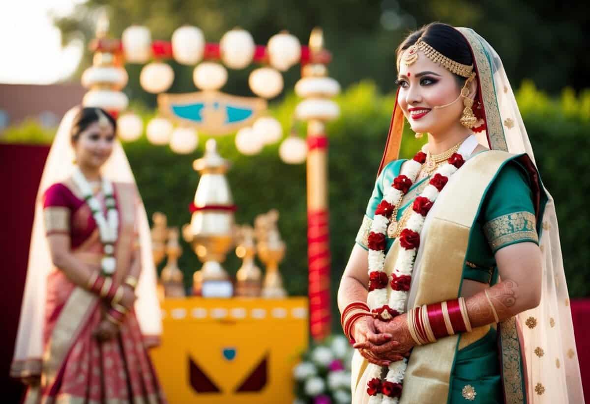 A traditional wedding scene with the bride standing on the left side and cultural symbols or artifacts in the background