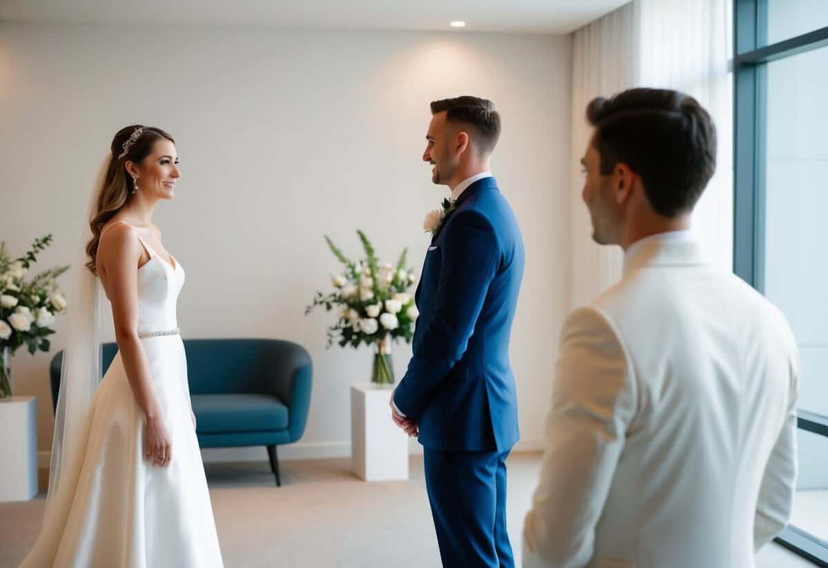 A bride stands on the left side of a modern wedding scene, facing the groom on the right. The setting is contemporary and elegant, with minimalistic decor