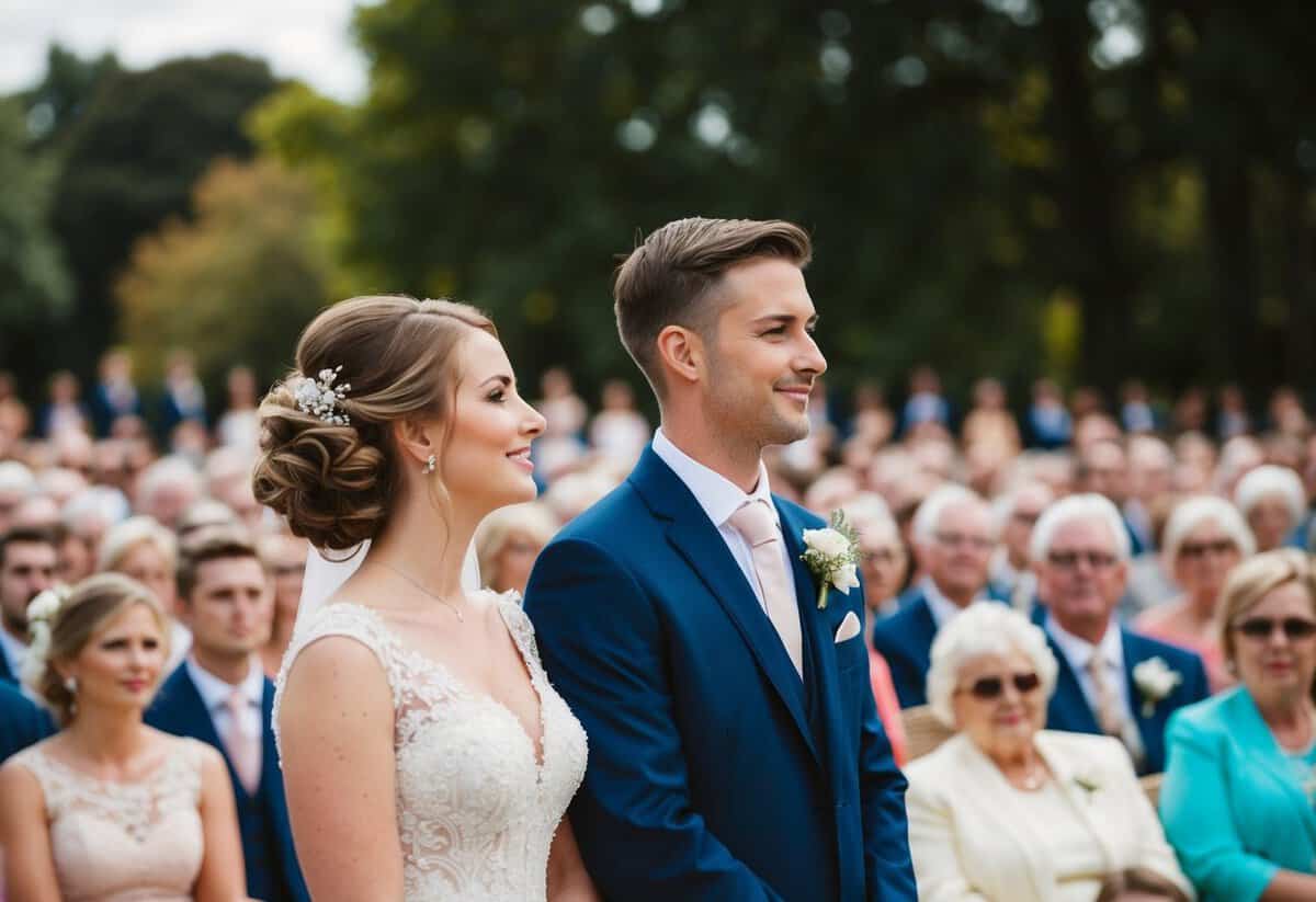 The bride stands on the left side of the groom, facing the audience