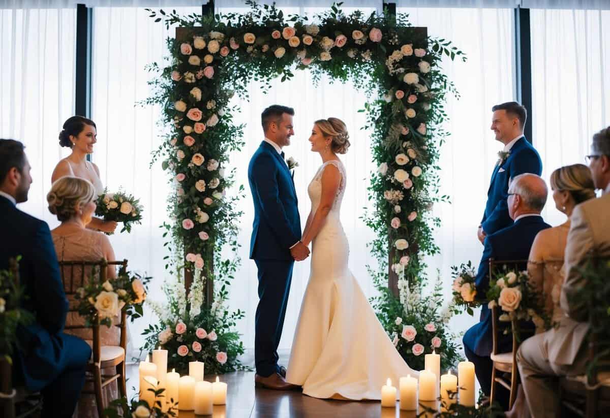 A couple stands facing each other, surrounded by flowers and candles, as they exchange heartfelt vows