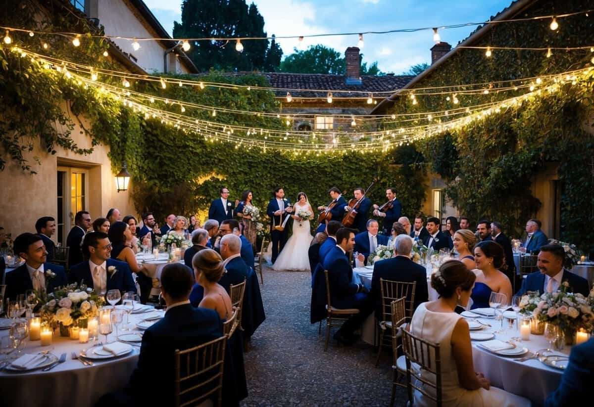 A 100-person wedding fills a cozy courtyard with guests seated at round tables, adorned with flowers and candles. A string quartet plays under a canopy of twinkling lights