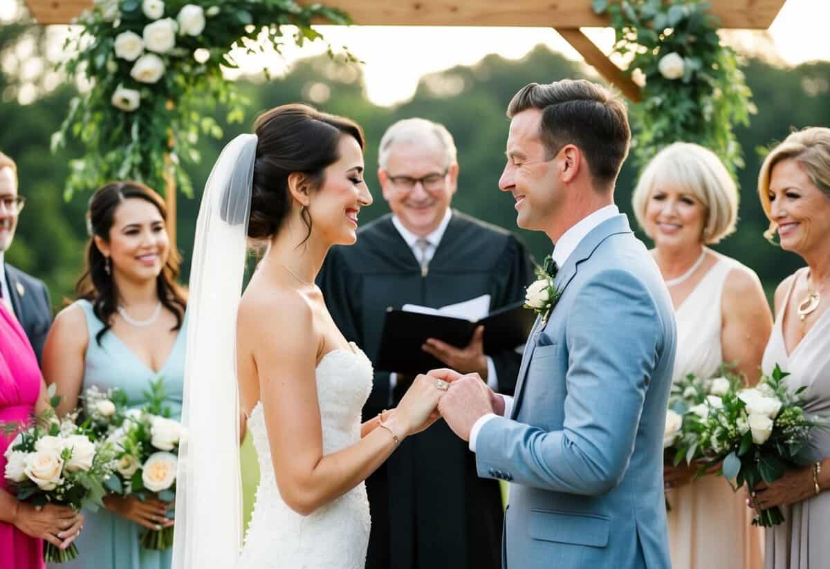 A bride and groom stand before an officiant, surrounded by family and friends, exchanging rings and sharing a kiss