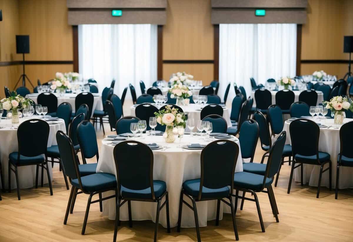 A banquet hall with 100 empty chairs arranged in neat rows, decorated with flowers and elegant table settings