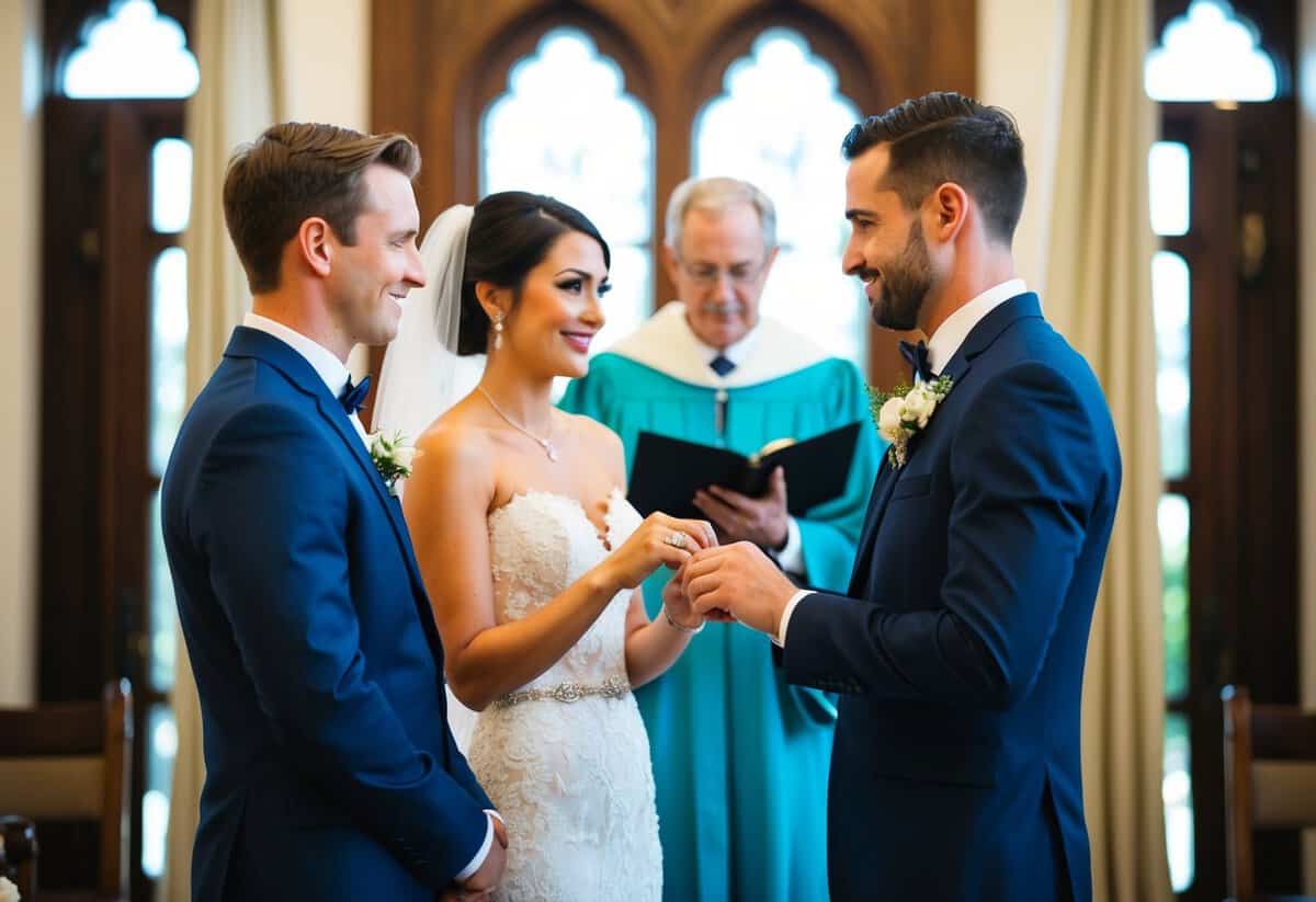 A bride and groom stand before an officiant in a traditional wedding setting, exchanging rings and making eye contact