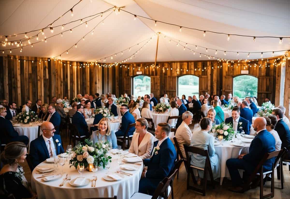A cozy wedding venue with 100 guests seated at round tables, adorned with floral centerpieces and twinkling string lights overhead