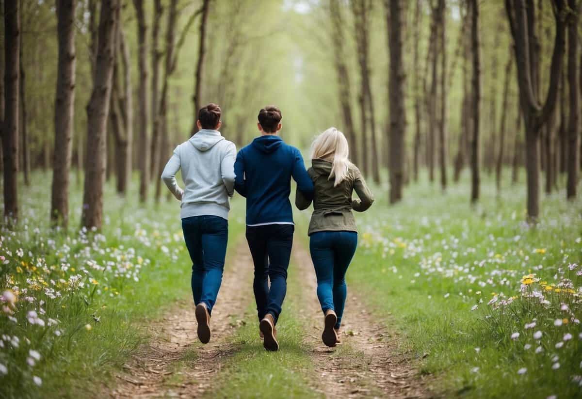 A couple running through a forest with a trail of scattered flowers behind them