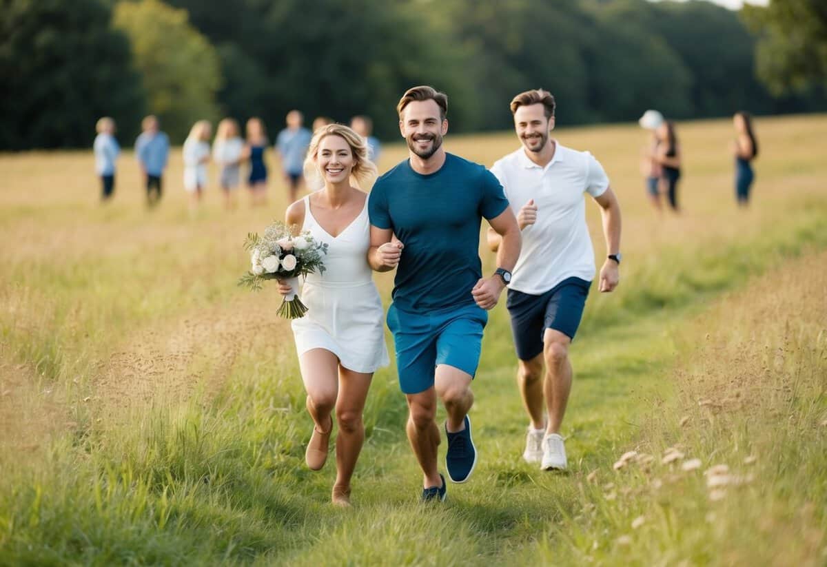 A couple running through a meadow, smiling and holding hands, with a small group of people in the distance watching them