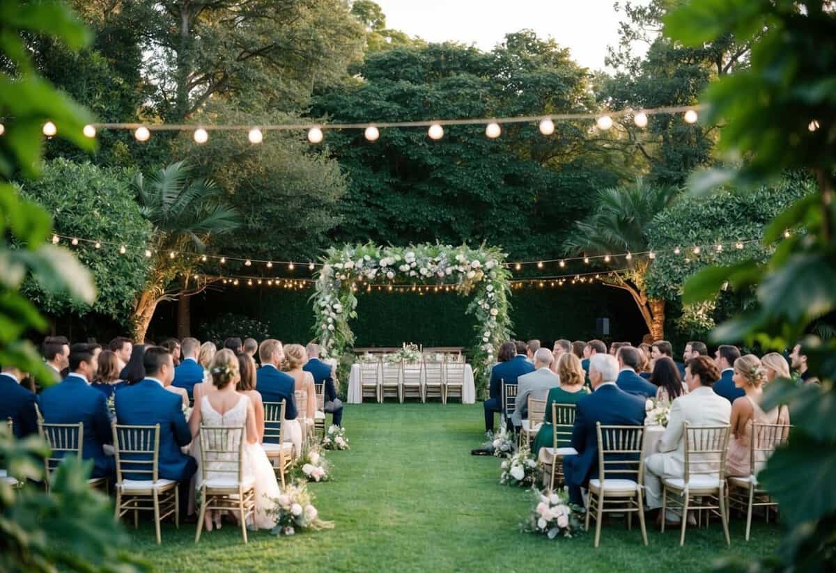 A cozy outdoor wedding venue with seating for 100 guests, surrounded by lush greenery and adorned with elegant decor