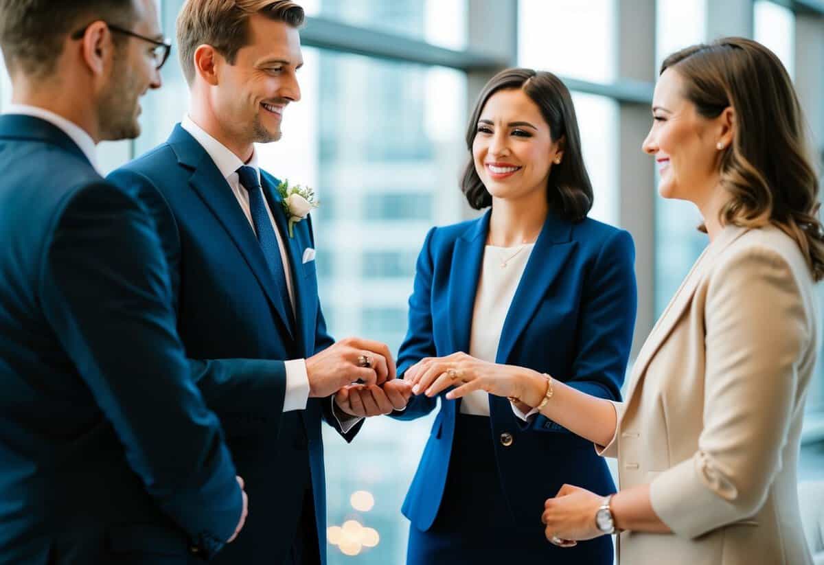 A couple standing before a registrar, exchanging rings, with witnesses present
