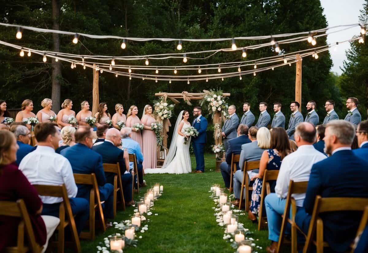 A cozy outdoor wedding with rustic decor, string lights, and personalized touches for 100 guests