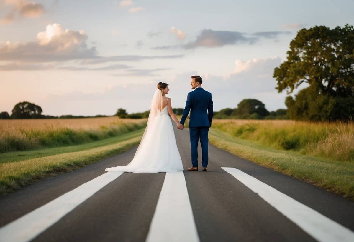 A couple stands at a crossroads, one path leading to a hidden elopement, the other to a gathering of friends and family