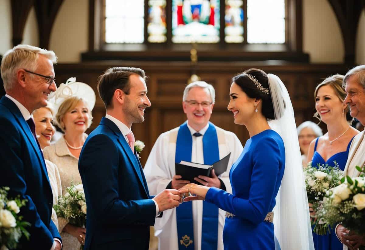 A couple stands before a celebrant in a traditional English wedding setting, exchanging rings and making eye contact. Family and friends look on with joy and anticipation