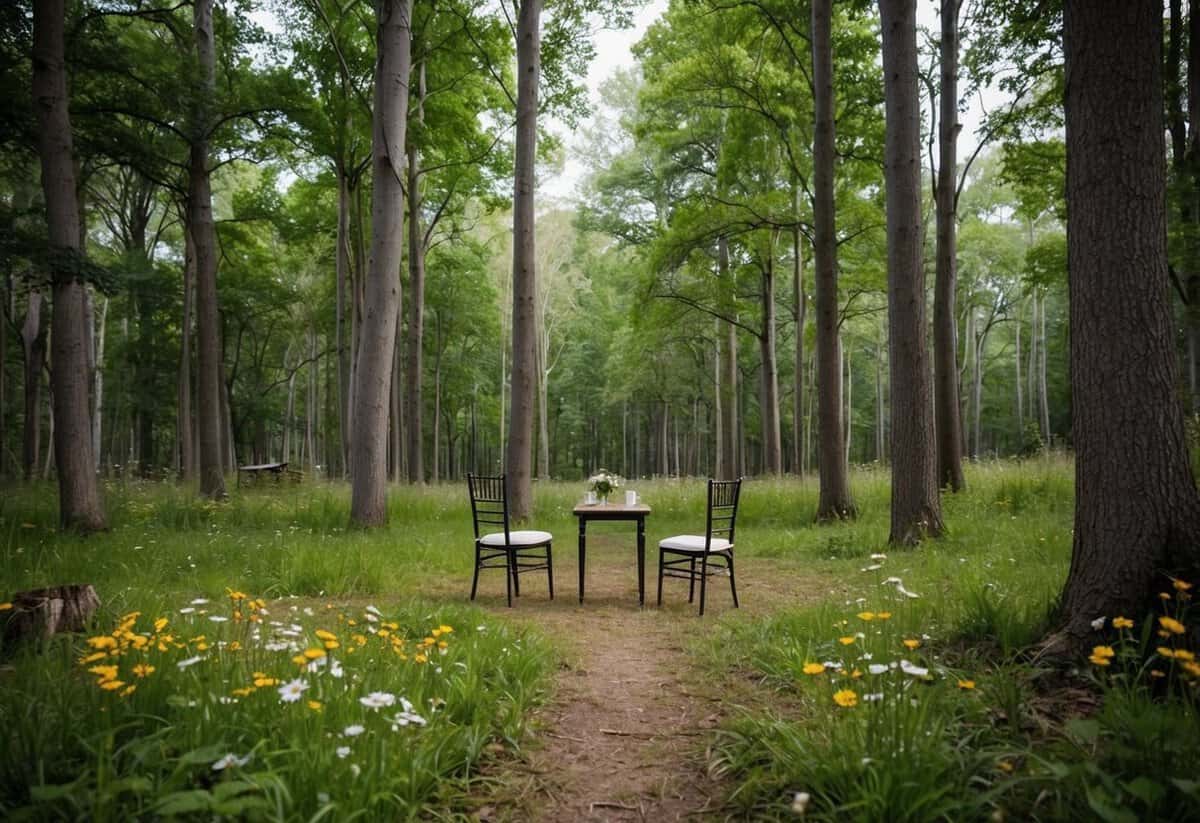 A secluded forest clearing with a simple, intimate ceremony set up under a canopy of trees, with a small table, two chairs, and a scattering of wildflowers