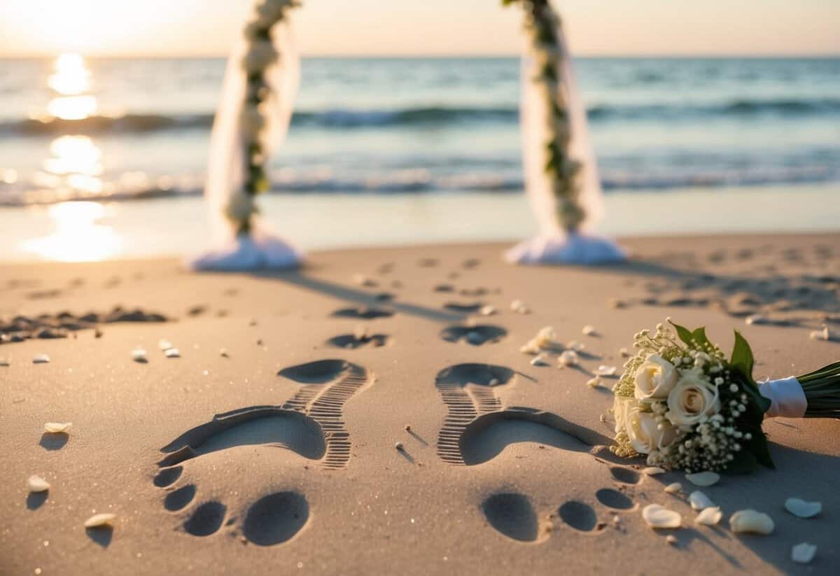A pair of footprints in the sand leading away from a wedding arch, with a trail of flower petals and a discarded bouquet
