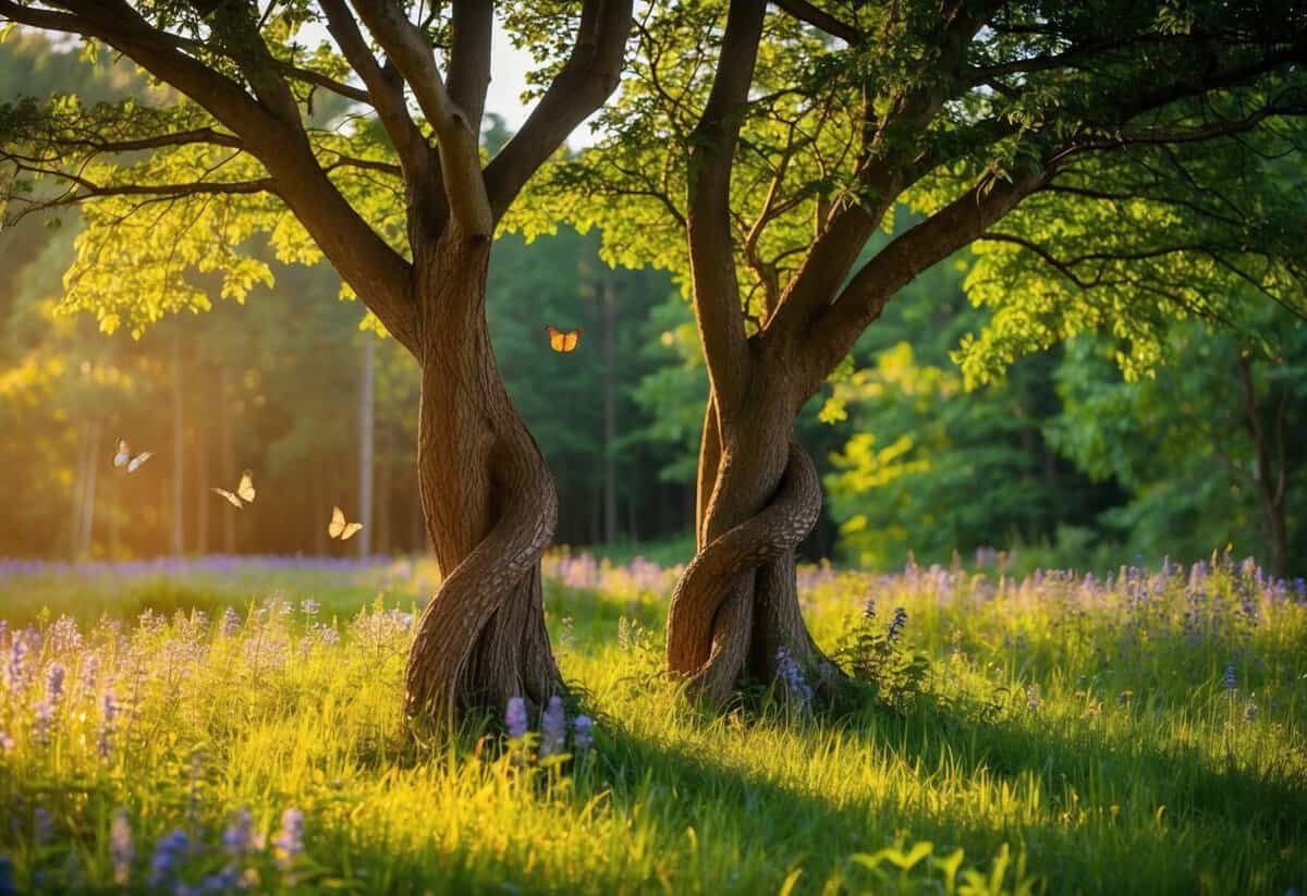 A secluded forest clearing with two entwined trees, bathed in warm sunlight, surrounded by wildflowers and butterflies