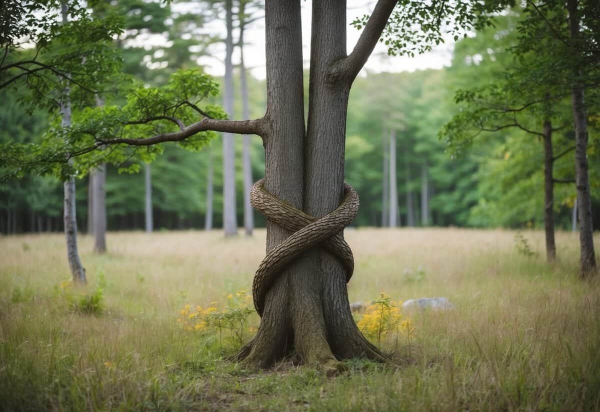 A secluded forest clearing with two intertwining trees, symbolizing the intimate connection of private vows