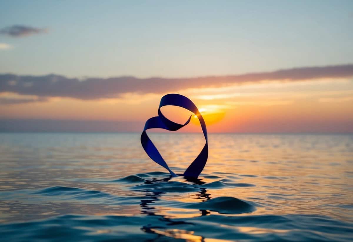 A sunset over a calm ocean, with two intertwined ribbons floating on the water, symbolizing the end of a vow