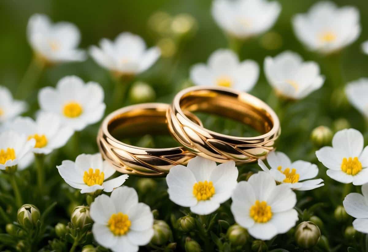 A pair of entwined golden rings resting on a bed of delicate white flowers