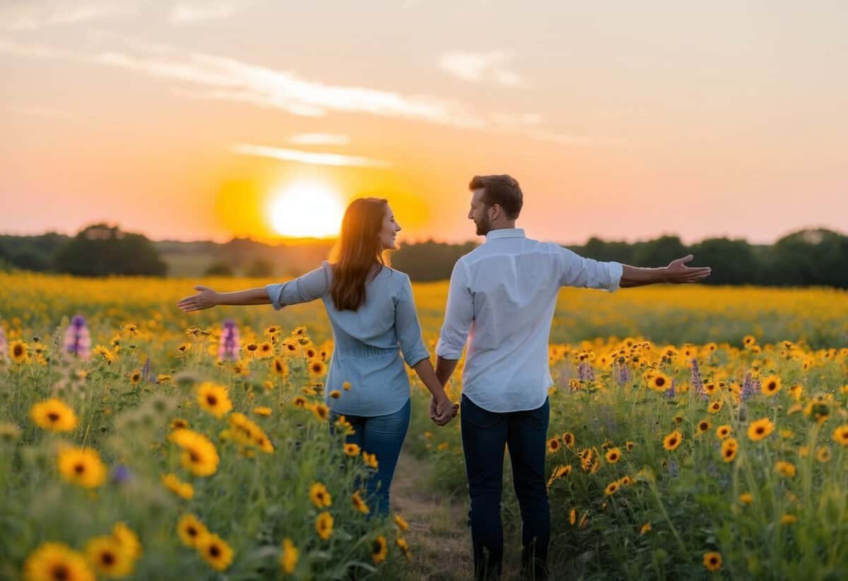 A couple standing in a field of wildflowers, facing each other with hands outstretched, as the sun sets behind them
